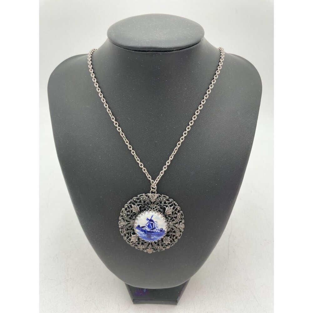 Vintage Silver Filigree Pendant Necklace Blue Delft White Windmill Porcelain Des